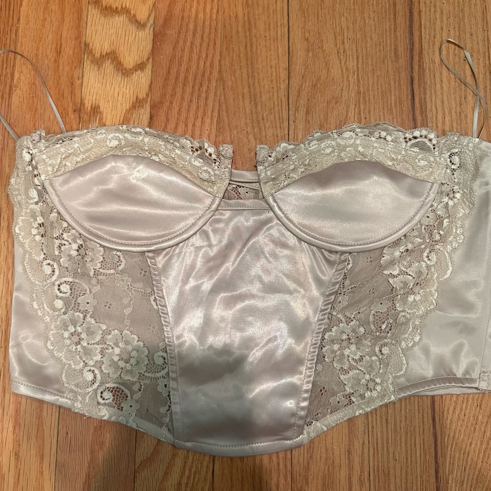 Hey Babe Champagne Strapless lace corset top.